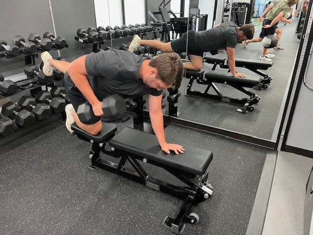 Former Park Vista High and FAU standout Nolan Schanuel works out at Hit It Great in Jupiter. Schanuel, 21, was a first-round pick of the Angels in July and was called up to the MLB club in August.