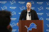 Detroit Lions quarterback Jared Goff addresses the media during an NFL football news conference, Thursday, May 16, 2024, in Allen Park, Mich. The Lions announced that they have signed Goff to a contract extension through the 2028 season. (AP Photo/Carlos Osorio)