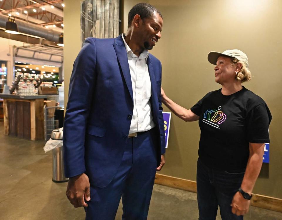 Will Russell, a candidate for District 4, speaks with Charlotte Mayor Vi Lyles at the Armored Cow Brewing Co. on Tuesday, September 12, 2023. Russell had received the endorsement from Lyles. Russell was not successful in his bid to win a seat on the Charlotte City Council.