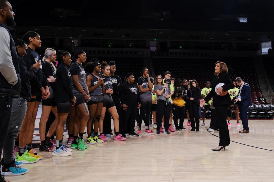 PHOTO: Vice President Kamala Harris visits the currently number 1 ranked women's NCAA basketball team South Carolina Gamecocks, in Columbia, South Carolina, on Jan. 15, 2024.  (Kevin Wurm/Reuters)