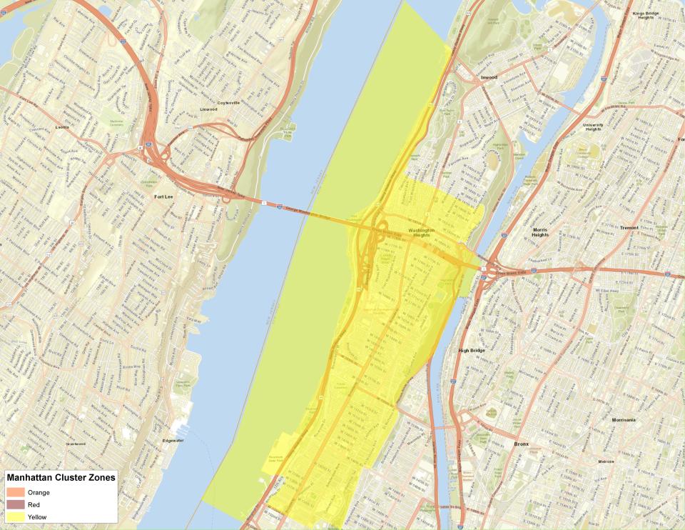 The new Upper Manhattan yellow zone released by Gov. Andrew Cuomo's office Monday. (Office of Gov. Andrew Cuomo)