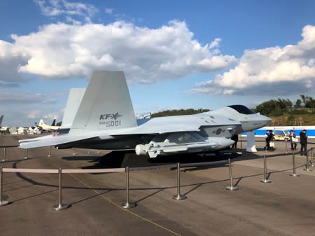 A full-scale mockup of South Korea’s KF-X fighter jet is displayed at the Seoul International Aerospace and Defense Exhibition in Seongnam