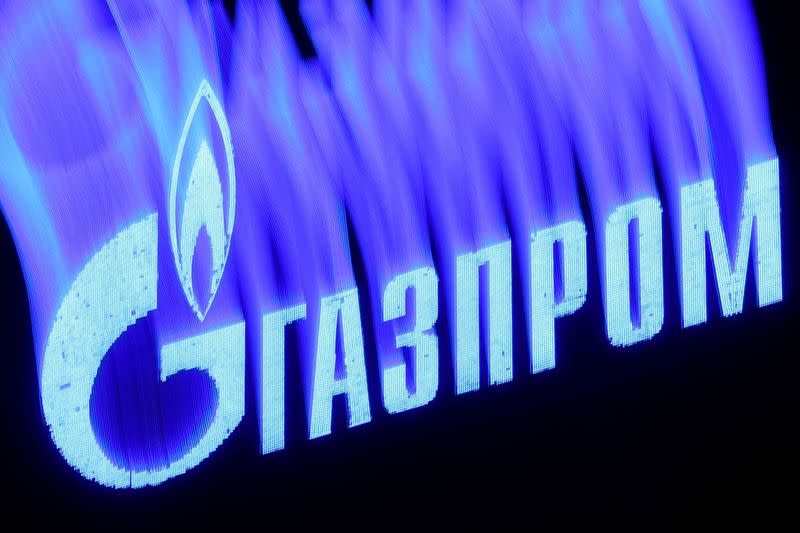 FILE PHOTO: The logo of Gazprom company is seen on the facade of a business centre in Saint Petersburg