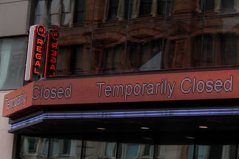 'Temporarily Closed' is displayed on the marquee of a Regal theatre during the outbreak of the coronavirus disease (COVID-19), in New York