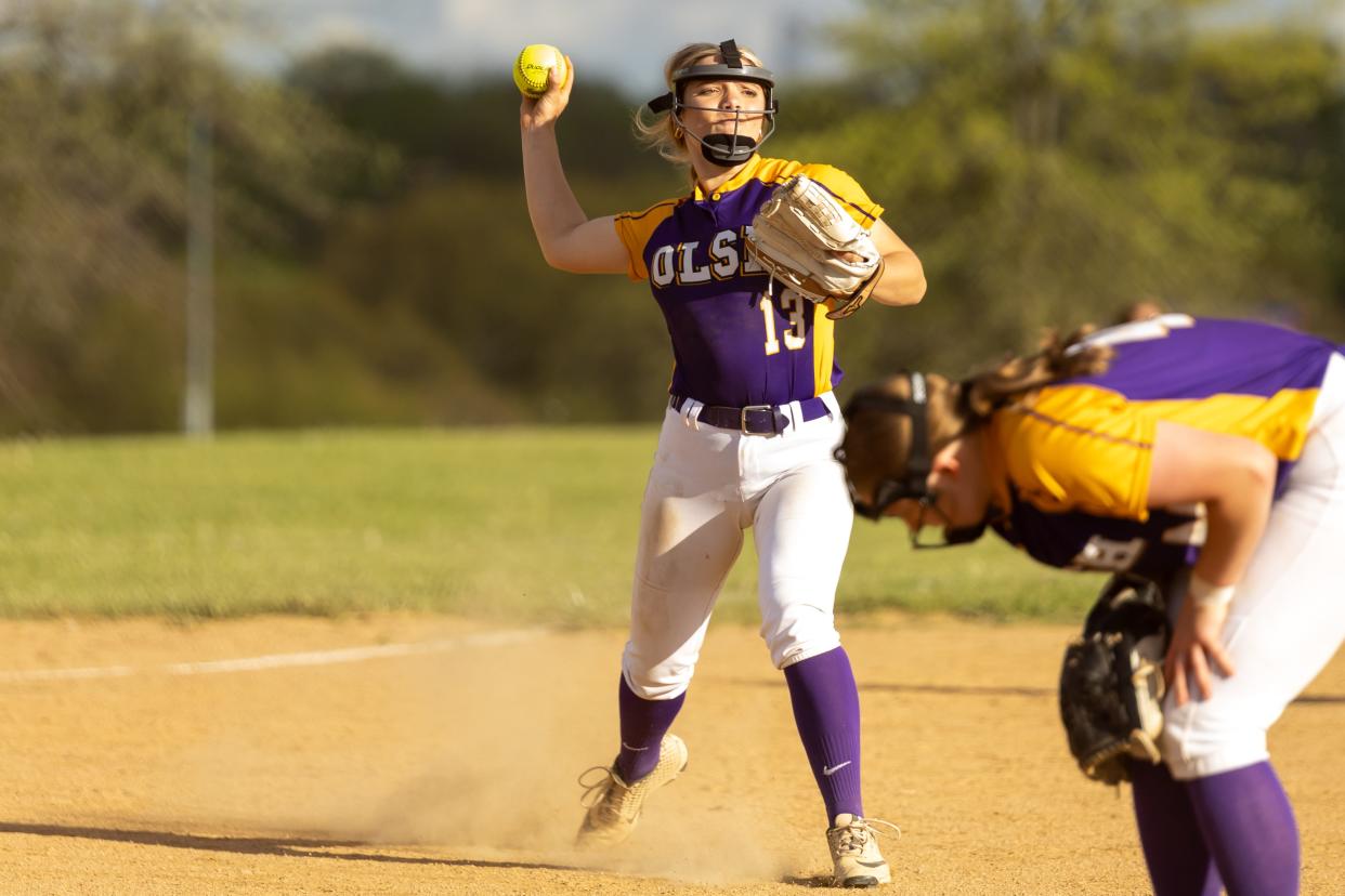 Camryn Hummel (13) throws the ball over to first base during the Chargers WPIAL Class 2A Section Three matchup against Washington on April, 30.b