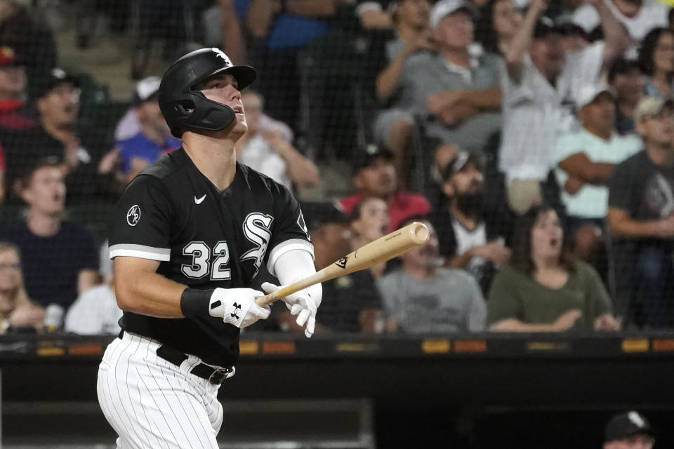 Chicago White Sox's Gavin Sheets watches his three-run home run off Los Angeles Angels relief pitcher Andrew Wantz during the third inning of a baseball game Tuesday, Sept. 14, 2021, in Chicago. (AP Photo/Charles Rex Arbogast)
