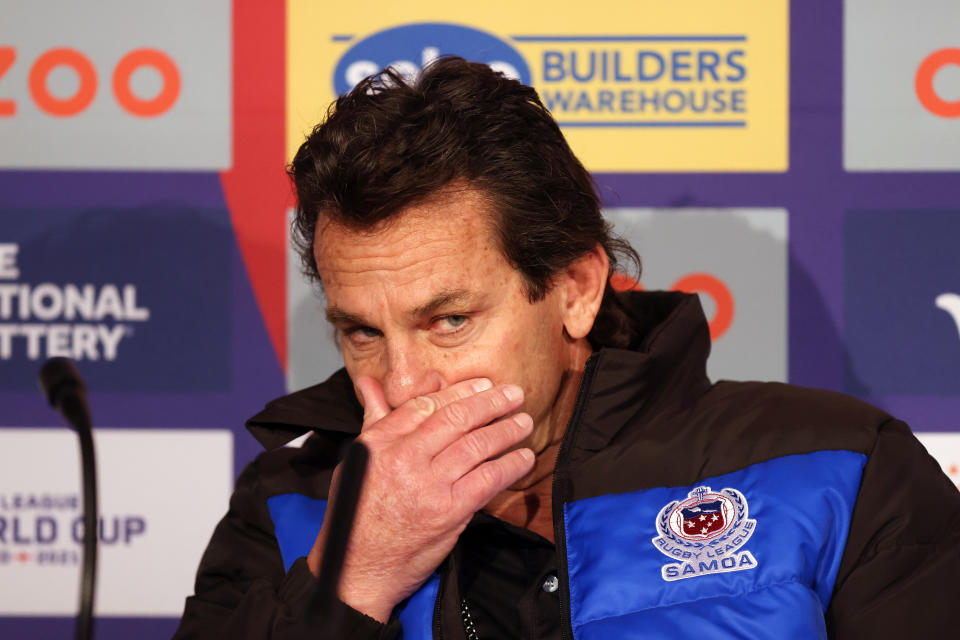 Seen here, Samoa's coach Matt Parish speaking to the media after his side's heavy defeat to England in their Rugby League World Cup opener.