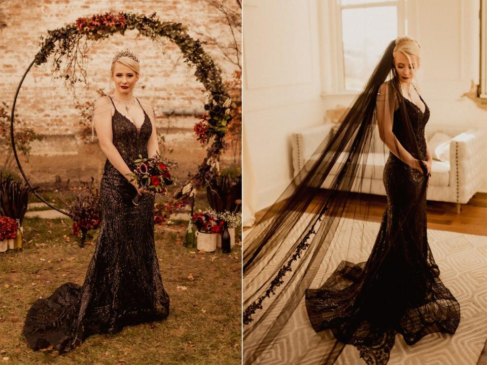 A side-by-side of a bride wearing a sparkly black wedding dress and wearing a black veil.