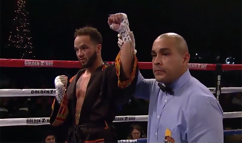 Pat Manuel made his professional debut on Saturday and picked up his first win, becoming the first transgender male boxer to fight professionally in the United States. (Twitter.com/GoldenBoyBoxing)