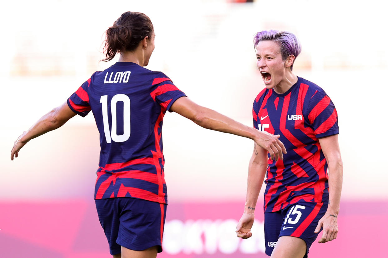 Carli Lloyd and Megan Rapinoe scored all four goals for the USWNT in their Olympic bronze medal match victory over Australia. (Photo by Zhizhao Wu/Getty Images)