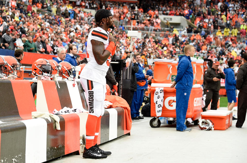 <p>Jamie Collins #51 of the Cleveland Browns stands by himself during the National Anthem prior to the game against the Pittsburgh Steelers at FirstEnergy Stadium on September 9, 2018 in Cleveland, Ohio. (Photo by Jason Miller/Getty Images) </p>