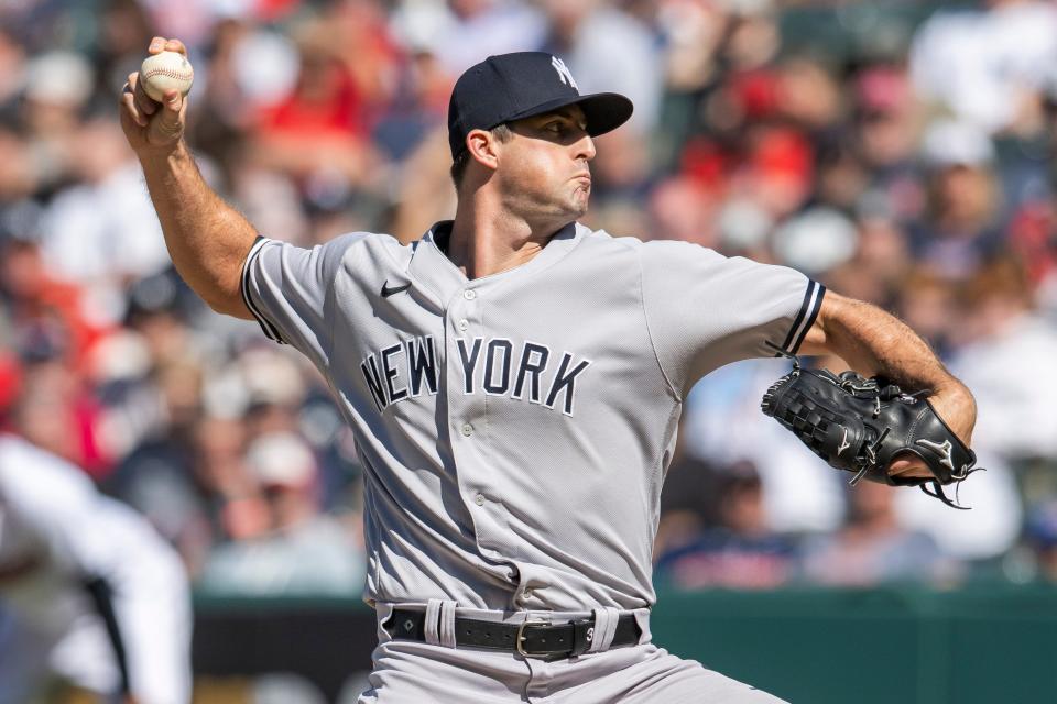 Apr 12, 2023; Cleveland, Ohio, USA; New York Yankees relief pitcher Clay Holmes (35) throws a pitch during the ninth inning against the Cleveland Guardians at Progressive Field. Mandatory Credit: Ken Blaze-USA TODAY Sports