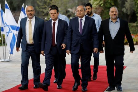 Memebers of the Joint List party arrive to the Israeli President Reuven Rivlin to begin talks with political parties over who should form a new government, at his residence in Jerusalem