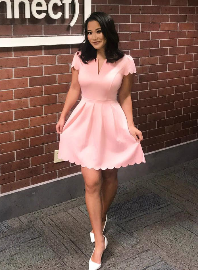 TV anchor Wang wearing the viral $20 dress in pink. (Photo: Courtesy of Frances Wang)