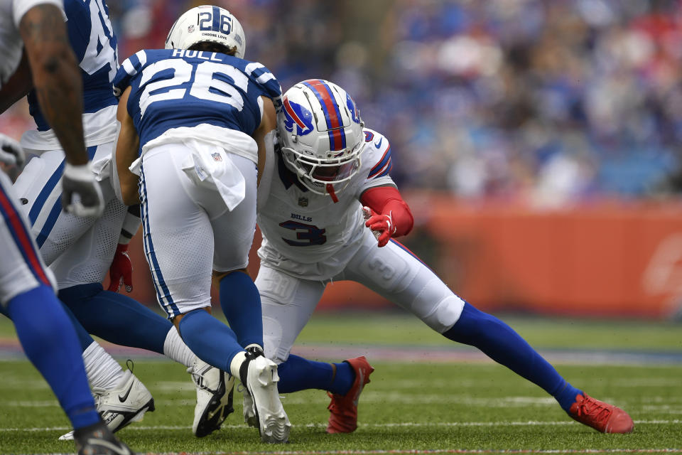 Buffalo Bills safety Damar Hamlin (3) tackles Indianapolis Colts running back Evan Hull (26) during the first half of an NFL preseason football game in Orchard Park, N.Y., Saturday, Aug. 12, 2023. (AP Photo/Adrian Kraus)