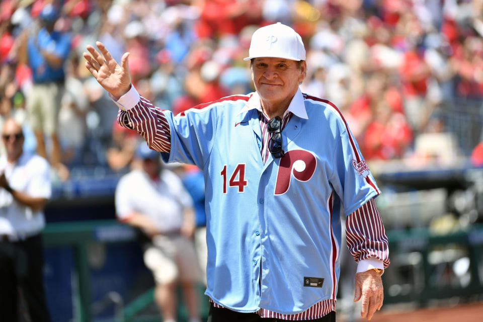 August 7, 2022; Philadelphia, Pennsylvania, USA; Former Philadelphia Phillies star Pete Rose acknowledges the crowd during the Alumni Day ceremony before the game against the Washington Nationals at Citizens Bank Park. Mandatory Credit: Eric Hartline-USA TODAY Sports