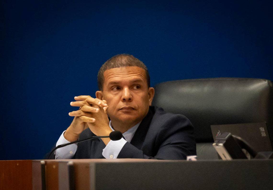 Broward School Board Member Jeff Holness listens during a Broward Country School Board meeting on Monday, May 22, 2023, in Fort Lauderdale, Florida.