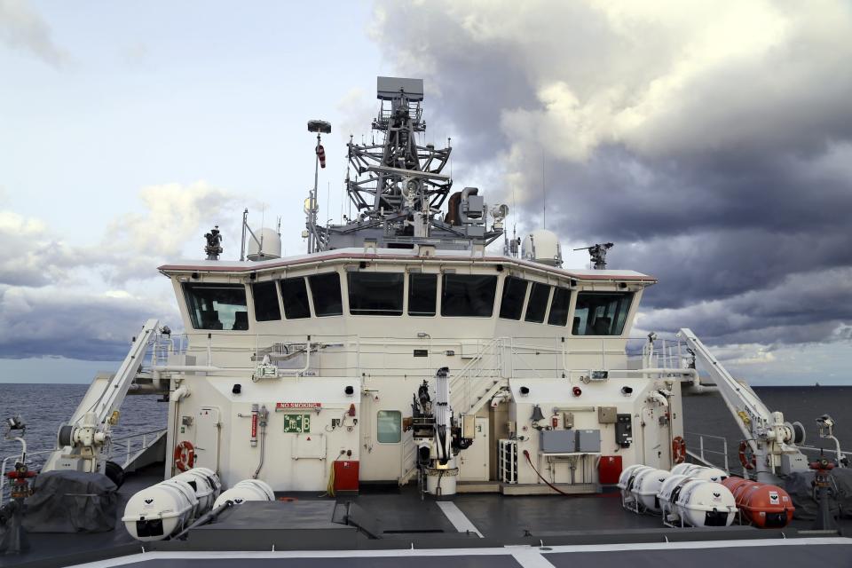 In this picture provided by The Finnish Border Guard, Finnish Border Guard's offshore vessel Turva on patrol at sea, Tuesday, Oct. 10, 2023 near the place where damaged Balticconnector gas pipeline is pinpointed at the Gulf of Finland. Finnish and Estonian gas system operators on Sunday said they noted an unusual drop in pressure in the Balticconnector pipeline after which they shut down the gas flow. The Finnish government on Tuesday said there was damage both to the gas pipeline and to a telecommunications cable between the two NATO countries. (Finnish Border Guard/Lehtikuva via AP)