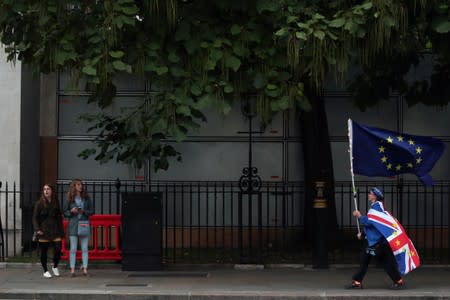 Anti-Brexit demonstrator walks outside the Houses of Parliament in London