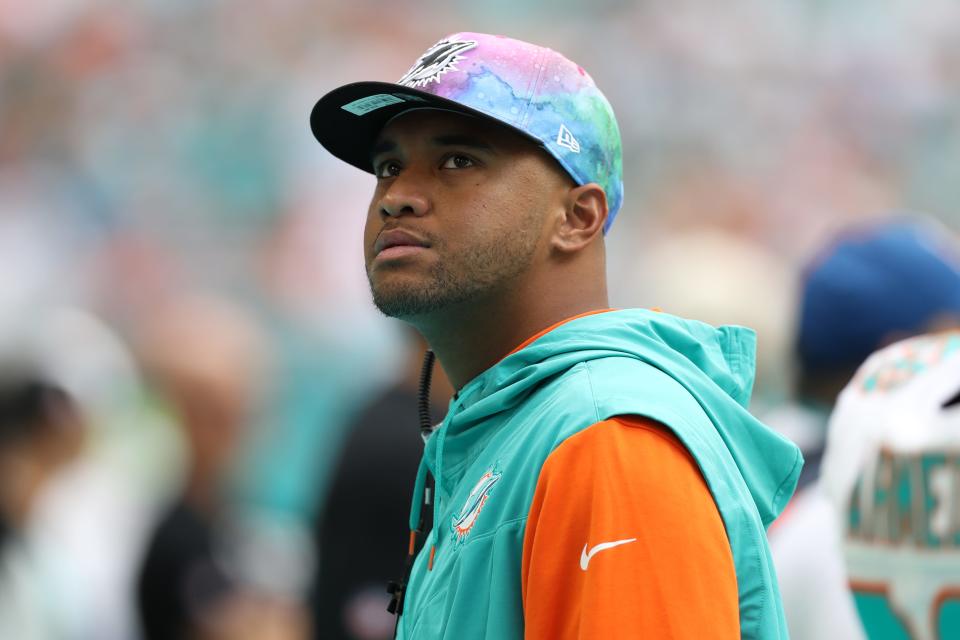 Tua Tagovailoa #1 of the Miami Dolphins looks on against the Minnesota Vikings at Hard Rock Stadium on October 16, 2022 in Miami Gardens, Florida.