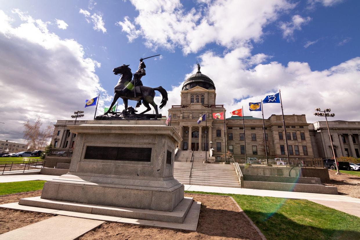 The statue of Thomas Francis Meagher in front of the stairs of the Montana Capitol.