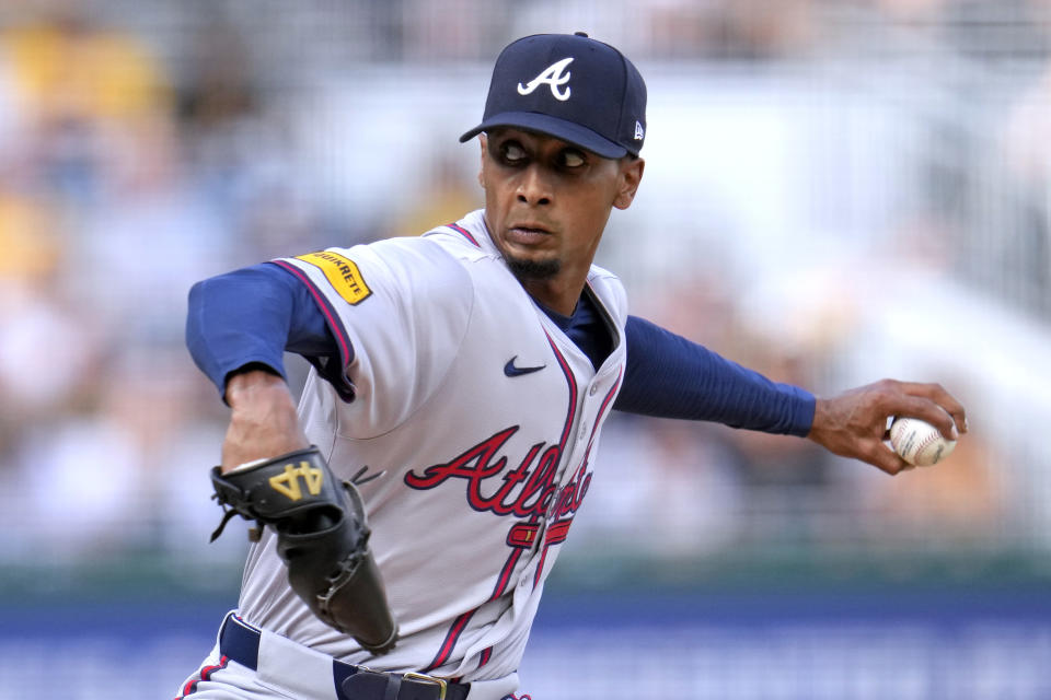 Atlanta Braves starting pitcher Ray Kerr delivers during the first inning of the team's baseball game against the Pittsburgh Pirates in Pittsburgh, Friday, May 24, 2024. (AP Photo/Gene J. Puskar)