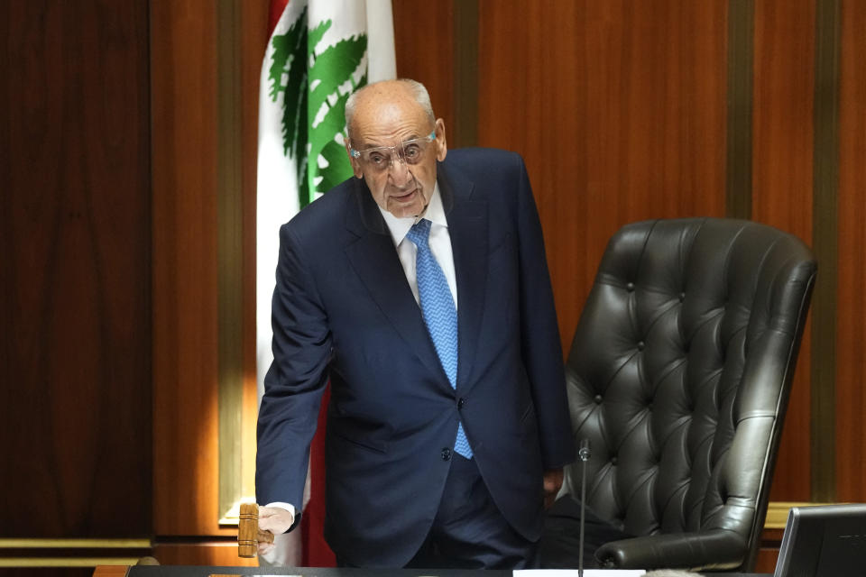 Parliament Speaker Nabih Berri heads the first session of the newly elected parliament, in Beirut, Lebanon, Tuesday, May 31, 2022. Berri, Lebanon’s longtime parliament speaker, who has held the post for 30 years has been re-elected for a seventh four-year term with a slim majority despite more than a dozen new lawmakers who won seats running on a reform platform. (AP Photo/Hussein Malla)