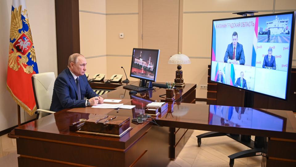 FILE - Russian President Vladimir Putin takes part in the launch of a new ferry via a conference call at the Novo-Ogaryovo residence outside Moscow, March 4, 2022. (Andrei Gorshkov, Sputnik, Kremlin Pool Photo via AP, File)