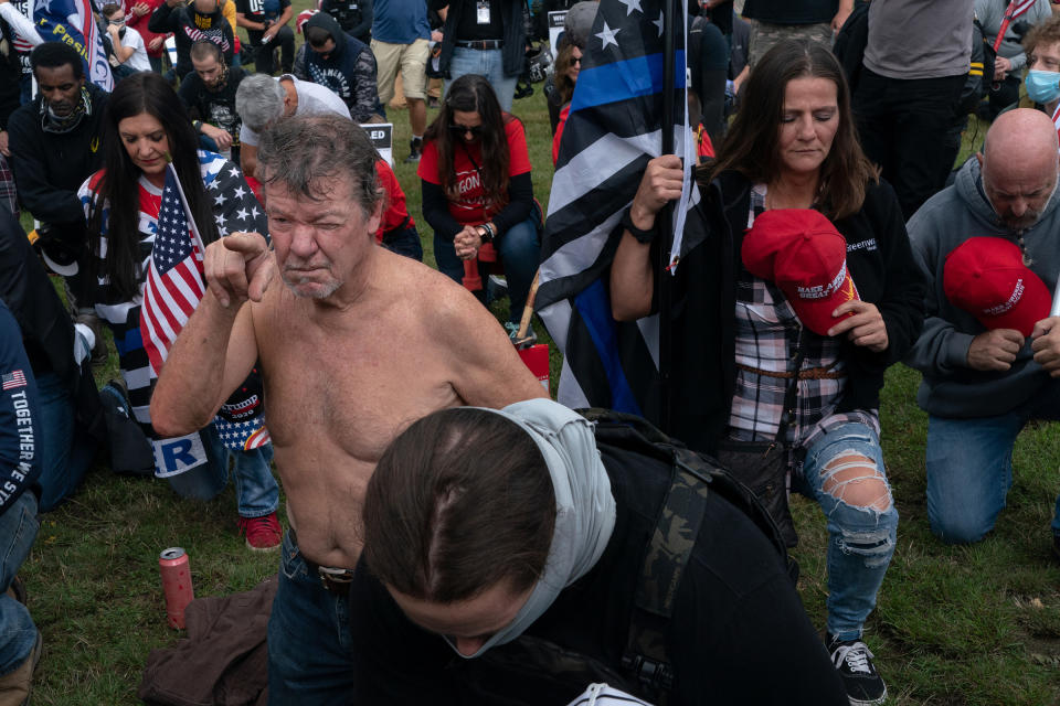 <strong>Portland, Ore., Sept. 26, 2020.</strong> "Today, there was a rally by the Proud Boys, a far-right, exclusively male group with a history of street violence and a misogynistic and Western chauvinist ideology, and supporters. The previous rally had turned into a running street battle, and ultimately a militia member was shot and killed. Today, the police kept the Proud Boys and counter-protesters separate. The Proud Boys strutted around for a few hours, periodically accusing journalists (including myself) of being Antifa infiltrators and trying to throw us out of the public park, though other Proud Boys usually intervened to stop them. Still, a young student journalist was beaten up for no reason."<span class="copyright">Peter van Agtmael—Magnum Photos for TIME</span>