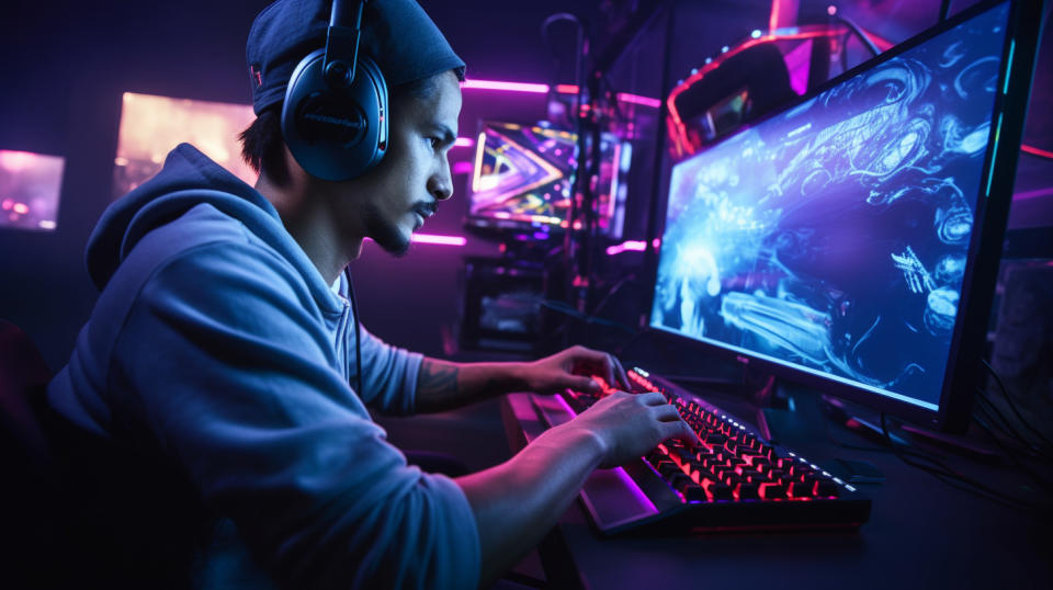 A computer technician working on a video game console with a gaming headset.