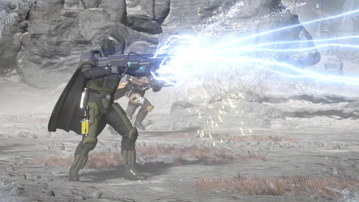  Helldivers 2 screenshot of player using an arc thrower shotgun. 