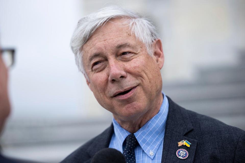 Rep. Fred Upton, R-Mich., speaks with a reporter as he departs the U.S. Capitol on May 13, 2022.