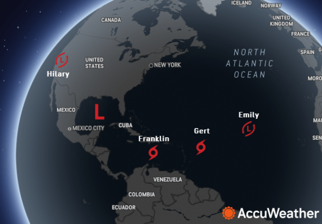 Tropical systems at 11 a.m. EDT on Aug. 21, 2023 as shown on the AccuWeather.com Hurricane Tracker. From left to right: Tropical Rainstorm Hilary, a Tropical Rainstorm in the Gulf, Tropical Storm Franklin, Tropical Storm Emily.
