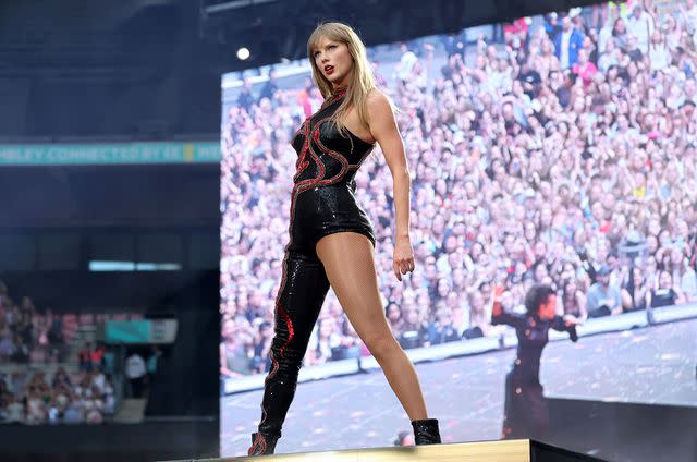 <p>Kevin Mazur/Getty</p> Taylor Swift performs on June 21, 2024 in London, England.