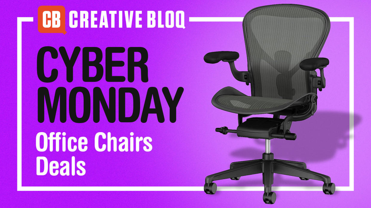  Herman Miller Aeron chair on a purple background that says 'deal of the day Cyber Monday deals'. 