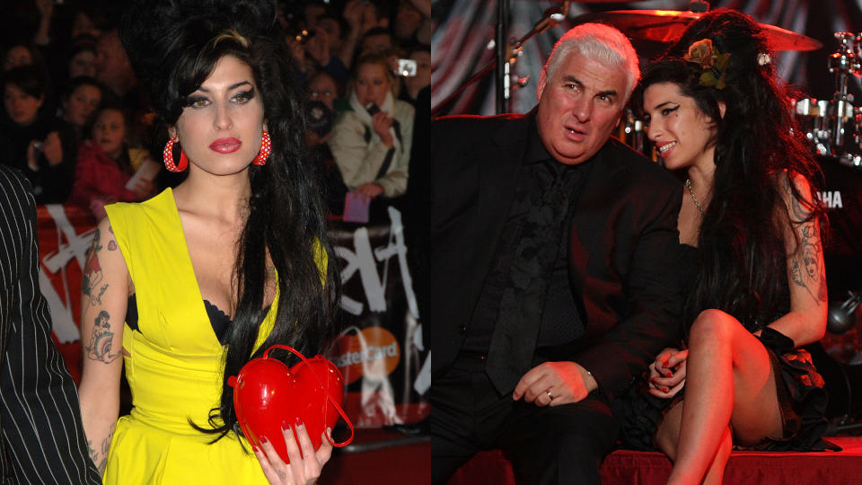 Amy Winehouse&#39;s heart-shaped bag and Grammy Awards skirt are among the items set to be sold. (Ian West/PA Images/Peter Macdiarmid/Getty/NARAS)