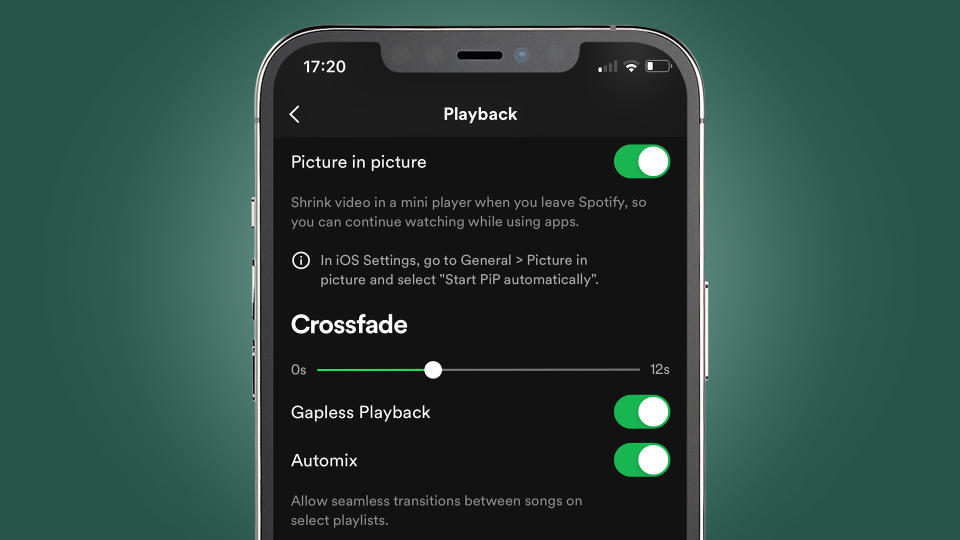 A phone screen on a green background showing the Spotify app