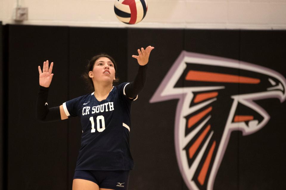 Council Rock South's Ashlyn Dinan serves against Pennsbury at Pennsbury High School in Fairless Hills on Thursday, Oct. 6, 2022. The Falcons fell to the Golden Hawks 3 sets to 2 in a close game.