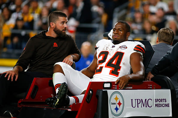 PITTSBURGH, PENNSYLVANIA – SEPTEMBER 18: Nick Chubb #24 of the Cleveland Browns is carted off the field after sustaining a knee injury during the second quarter against the Pittsburgh Steelers at Acrisure Stadium on September 18, 2023 in Pittsburgh, Pennsylvania. (Photo by Justin K. Aller/Getty Images)