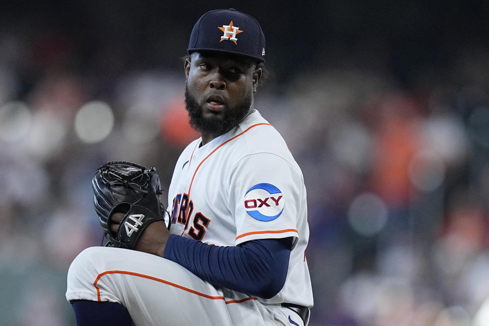 Houston Astros starting pitcher Cristian Javier winds up during the first inning of a baseball game against the San Diego Padres, Saturday, Sept. 9, 2023, in Houston. (AP Photo/Kevin M. Cox)