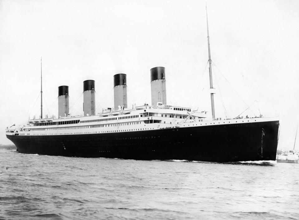 A black and white photograph from 1912 of the RMS Titanic.