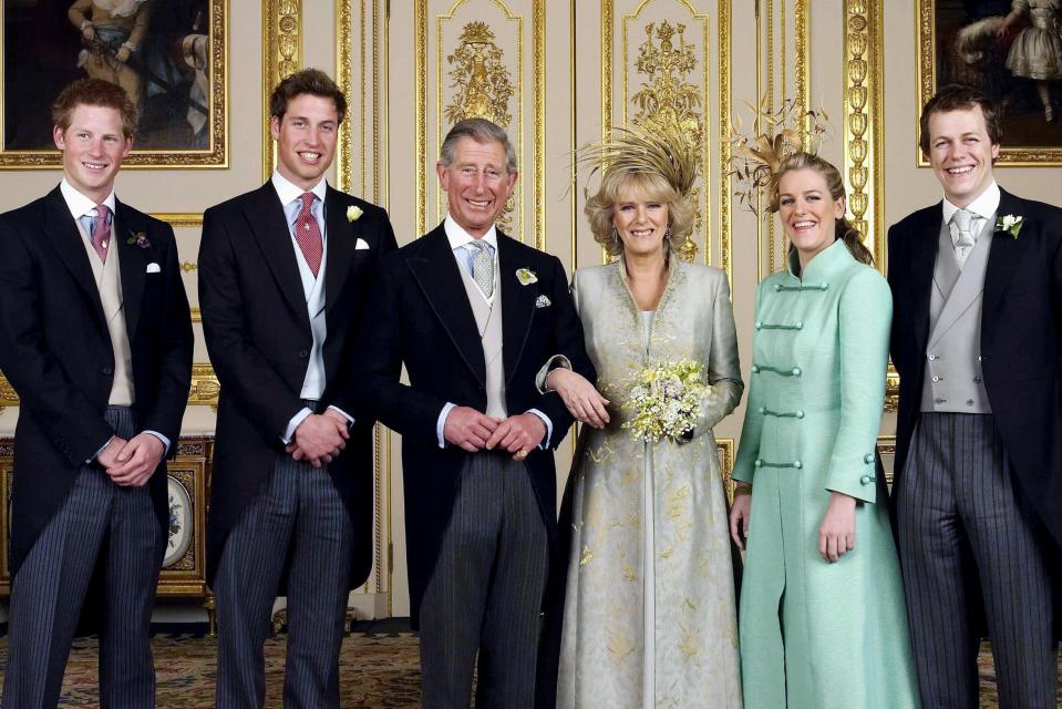 King Charles, Queen Camilla, Prince Harry, Prince William, and Tom and Laura Parker-Bowles, in the White Drawing Room at Windsor Castle after their wedding in 2005.