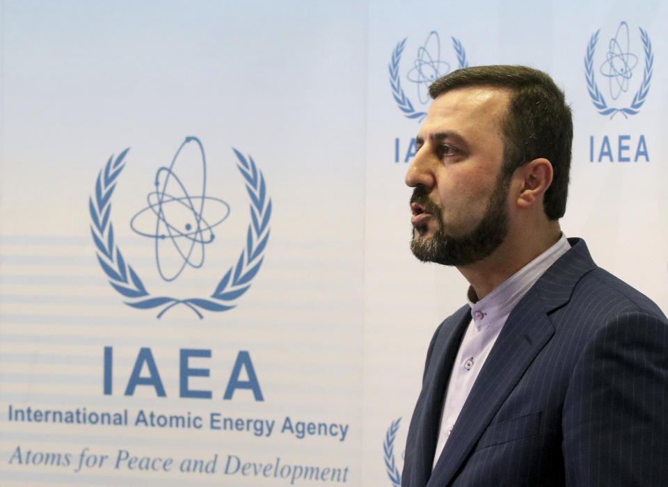 Iran's Ambassador to the International Atomic Energy Agency, IAEA, Gharib Abadi speaks to the media after the IAEA board of governors meeting at the International Center in Vienna, Austria, Wednesday, July 10, 2019. (AP Photo/Ronald Zak)