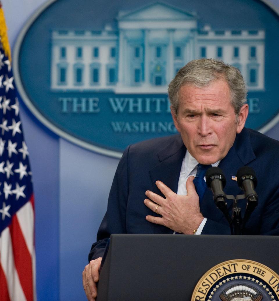 President George W. Bush got defensive during his final press conference, on Jan. 12, 2009. <a href="https://www.gettyimages.com/detail/news-photo/president-george-w-bush-speaks-during-his-final-press-news-photo/84255528?adppopup=true" rel="nofollow noopener" target="_blank" data-ylk="slk:Saul Loeb/AFP via Getty Images;elm:context_link;itc:0;sec:content-canvas" class="link ">Saul Loeb/AFP via Getty Images</a>