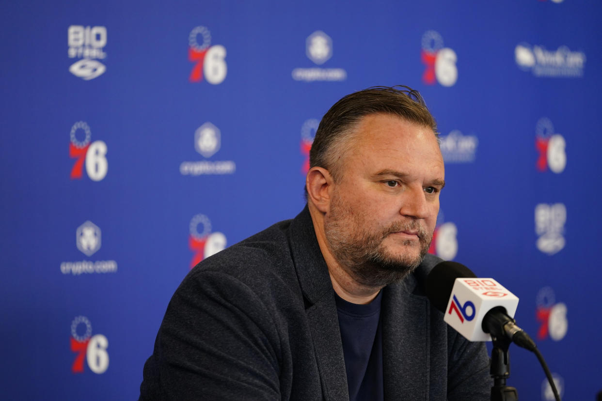 Philadelphia 76ers' Daryl Morey speaks during a news conference at the team's NBA basketball practice facility, Friday, May 13, 2022, in Camden, N.J. (AP Photo/Matt Slocum)