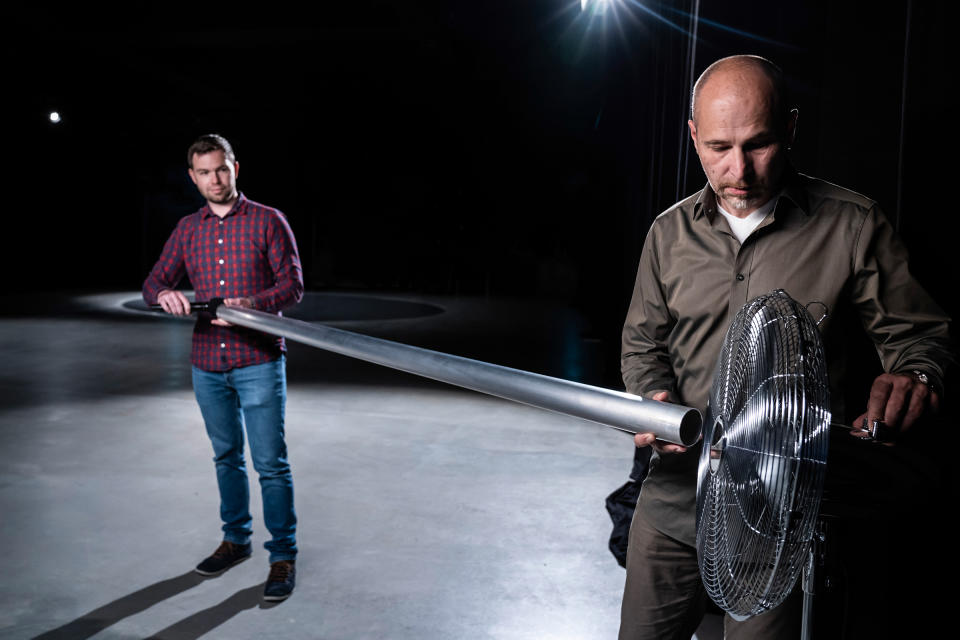 Audi sound engineers Stephan Gsell and Rudolf Halbmeir experiment with sound-production techniques<span class="copyright">Courtesy Audi</span>