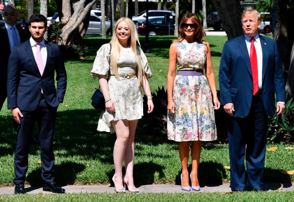 Donald Trump, First Lady Melania Trump, his daughter Tiffany Trump (2L), and Tiffany's boyfriend Michael Boulos (L) arrive at the Bethesda-by-the-Sea church for Easter services in Palm Beach, Florida on April 21, 2019