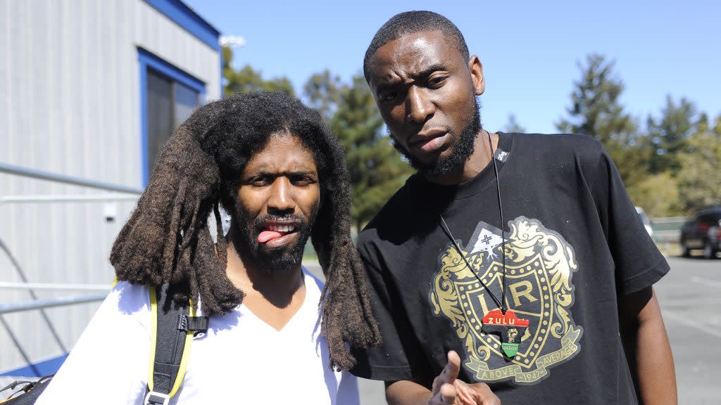 (Left to right) Murs and 9th Wonder pose at Rock the Bells 2010 at Shoreline Amphitheatre on August 22, 2010 in Mountain View, California. (Photo by Tim Mosenfelder/Getty Images)