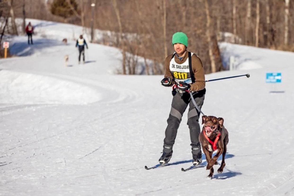 man skiing with his dog