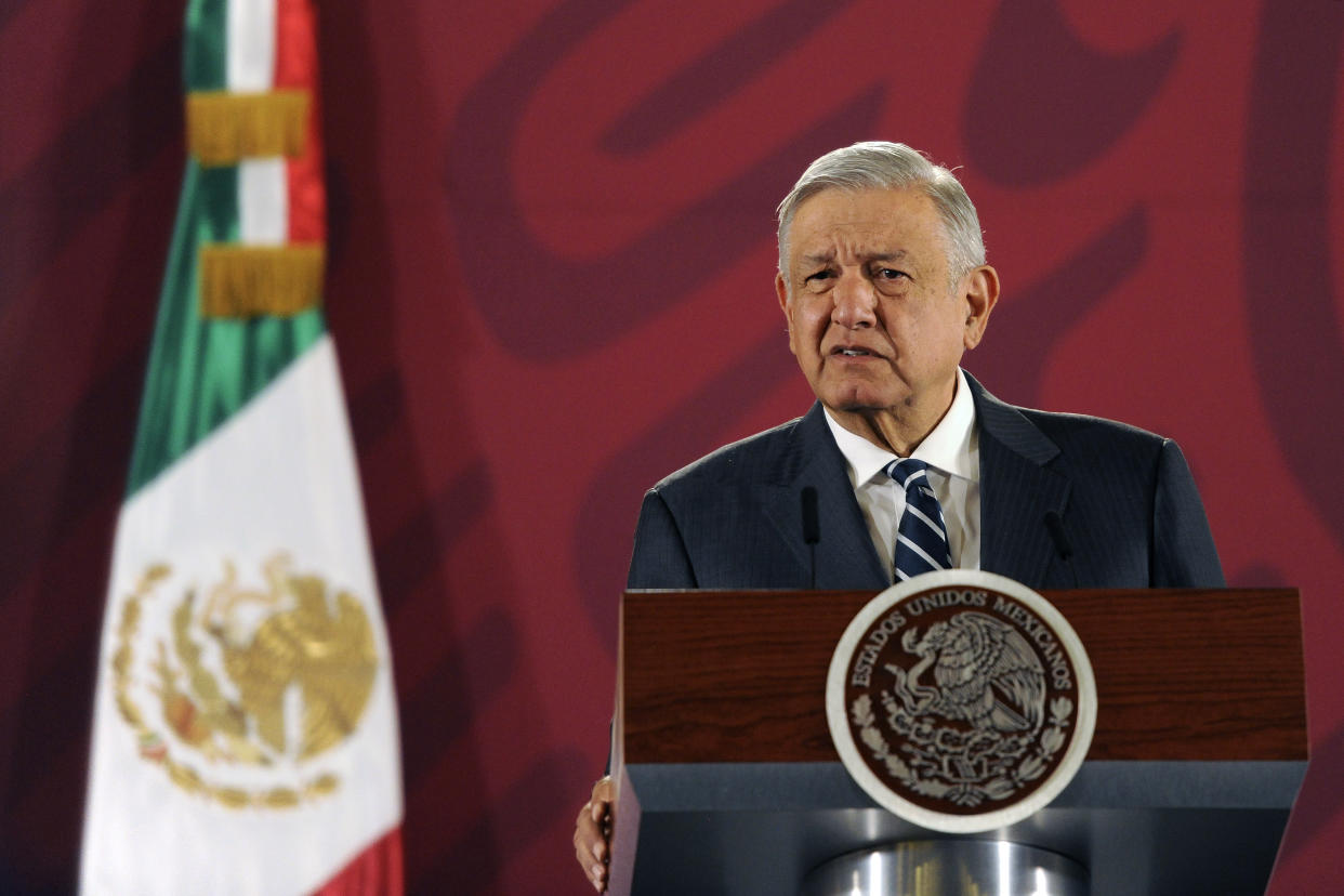 MEXICO CITY, MEXICO - JANUARY 21: President of Mexico Andres Manuel Lopez Obrador speaks of guaranteeing access to Health for the Mexican population during the daily morning press briefing at Palacio Nacional on January 21, 2020 in Mexico City, Mexico. (Photo by Pedro Gonzalez Castillo/Getty Images)